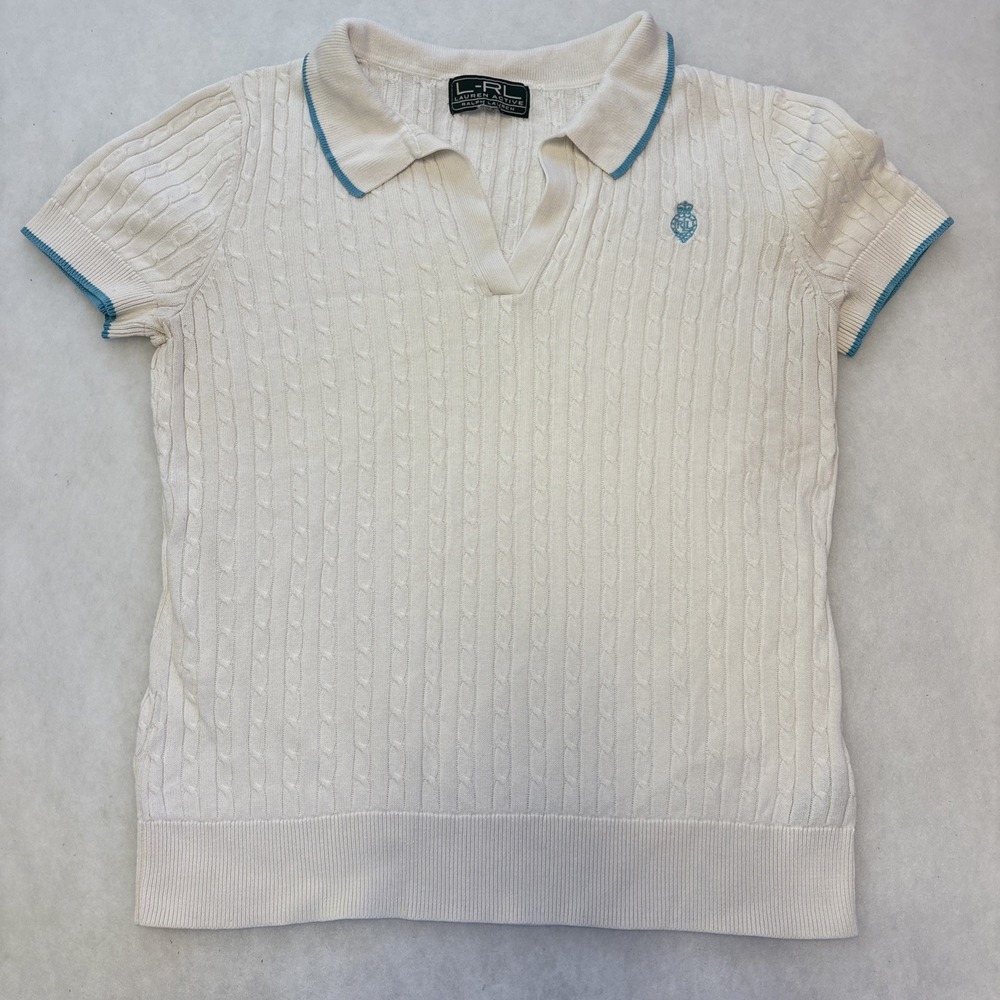 Polo Vtg Lauren Active Women's L Cotton Knit Cable Short Sleeve Crew Sweater